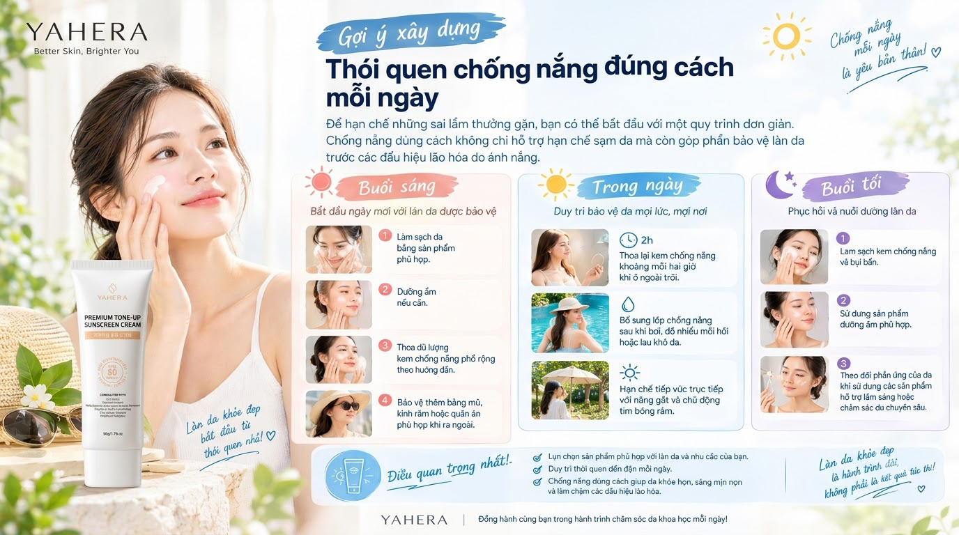 Kem chống nắng YAHERA: 7 sai lầm phổ biến khiến da vẫn bị sạm nám và cách khắc phục yahera 8 Goi-y-xay-dung-thoi-quen-chong-nang-dung-cach-moi-ngay-8.jpg