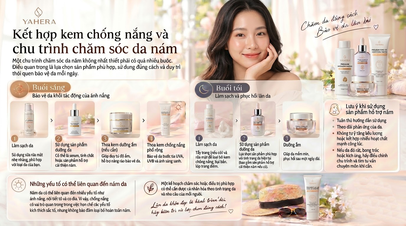 Vì sao dùng kem nám vẫn cần chống nắng mỗi ngày? cùng YAHERA 6 Ket-hop-kem-chong-nang-va-chu-trinh-cham-soc-da-nam-6-2.jpg