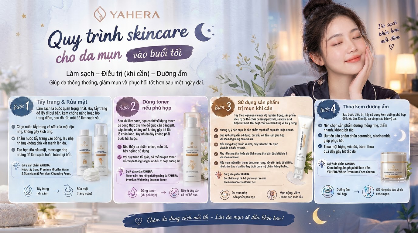 Skincare cho da mụn sáng và tối: YAHERA Quy trình dành cho người mới bắt đầu 3 Quy-trinh-skincare-cho-da-mun-vao-buoi-toi-3.jpg