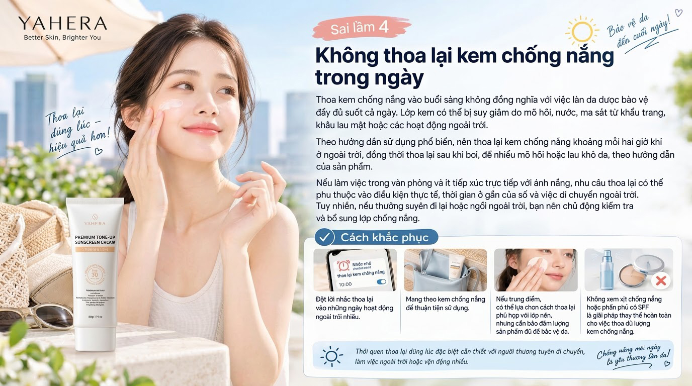 Kem chống nắng YAHERA: 7 sai lầm phổ biến khiến da vẫn bị sạm nám và cách khắc phục yahera 4 Sai-lam-4_-Quen-thoa-lai-kem-chong-nang-4.jpg