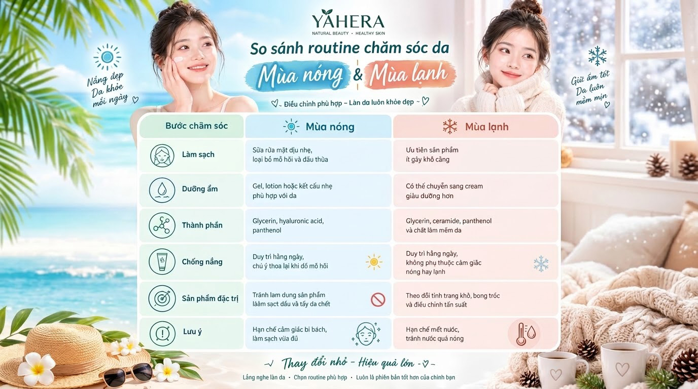 Chăm sóc da theo mùa cùng YAHERA: Mùa nóng và mùa lạnh nên thay đổi routine skincare ra sao? 4 So-sanh-routine-cham-soc-da-theo-mua.jpg